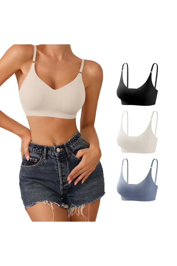 Wireless Bras for Women - V Neck Padded Seamless Adjustable Straps Bralettes, Everyday Basic Sleeping Bras, Soft T-Shirt Bra, Multiple Pack