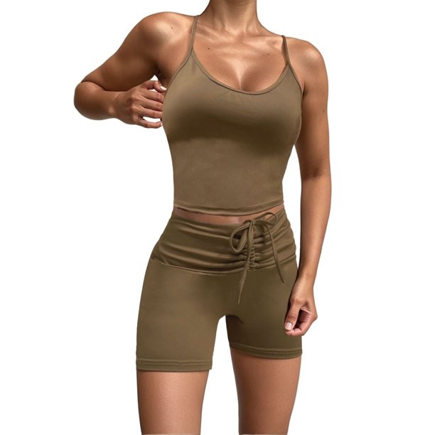 Conjunto de dos piezas de punto de color liso y alta elasticidad para mujer: top sin espalda y pantalones cortos plisados de cintura alta, tallas S-L.