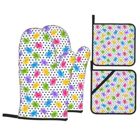 

Oven Mitts and Pot Holders 4 Piece Bear And Polka Dot High Heat Slip Resistant Oven Mitt and Trivets Set Kitchen Oven Glove Pot Holders for Cooking Baking Grilling