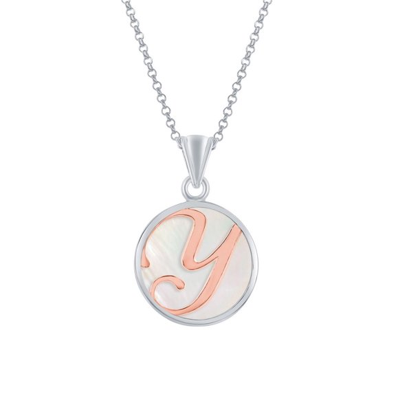 iJewelry2 Sterling Silver MOP Round Pendant with Rose Gold Script Initial Letter Y Chain Necklace 18''