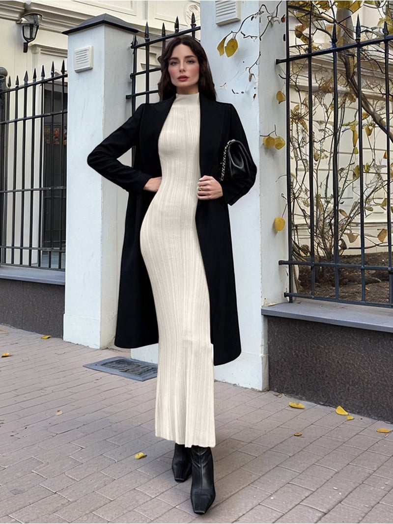 Women's Summer Maxi Dresses Ribbed Knit Mock Neck Sleeveless Bodycon Going Out Vacation Clothes Cream White M