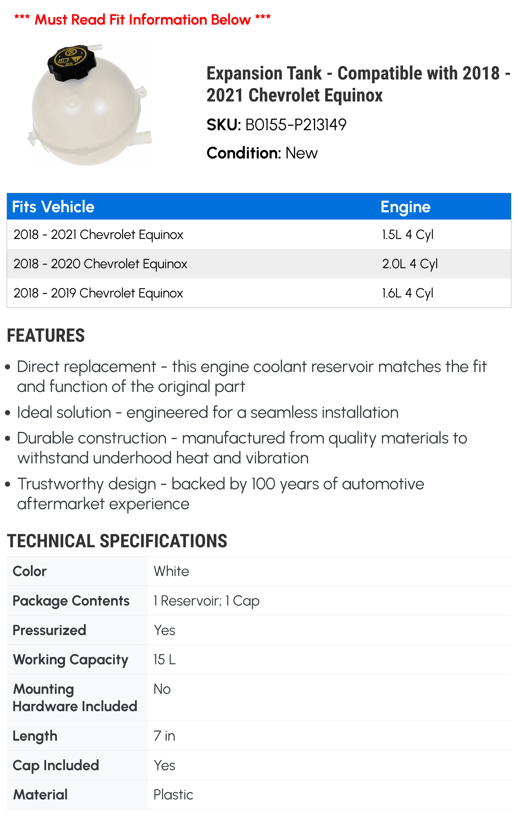 Expansion Tank - Compatible with 2018 - 2021 Chevy Equinox 2019 2020
