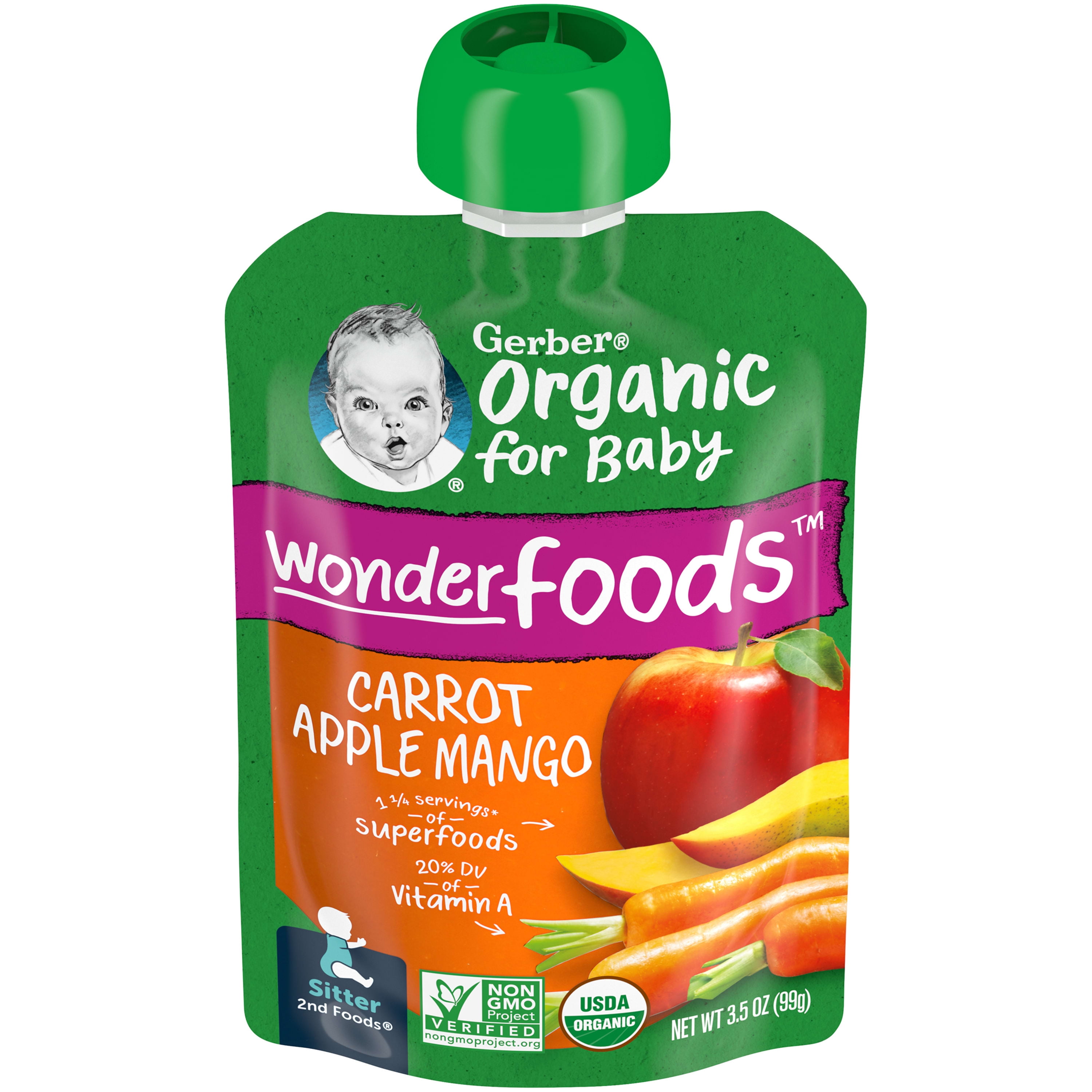 Gerber 2nd Foods Baby Food Organic for Baby Wonder Foods Baby Food, Carrot Apple Mango, 3.5 oz Pouch (12 Pack)