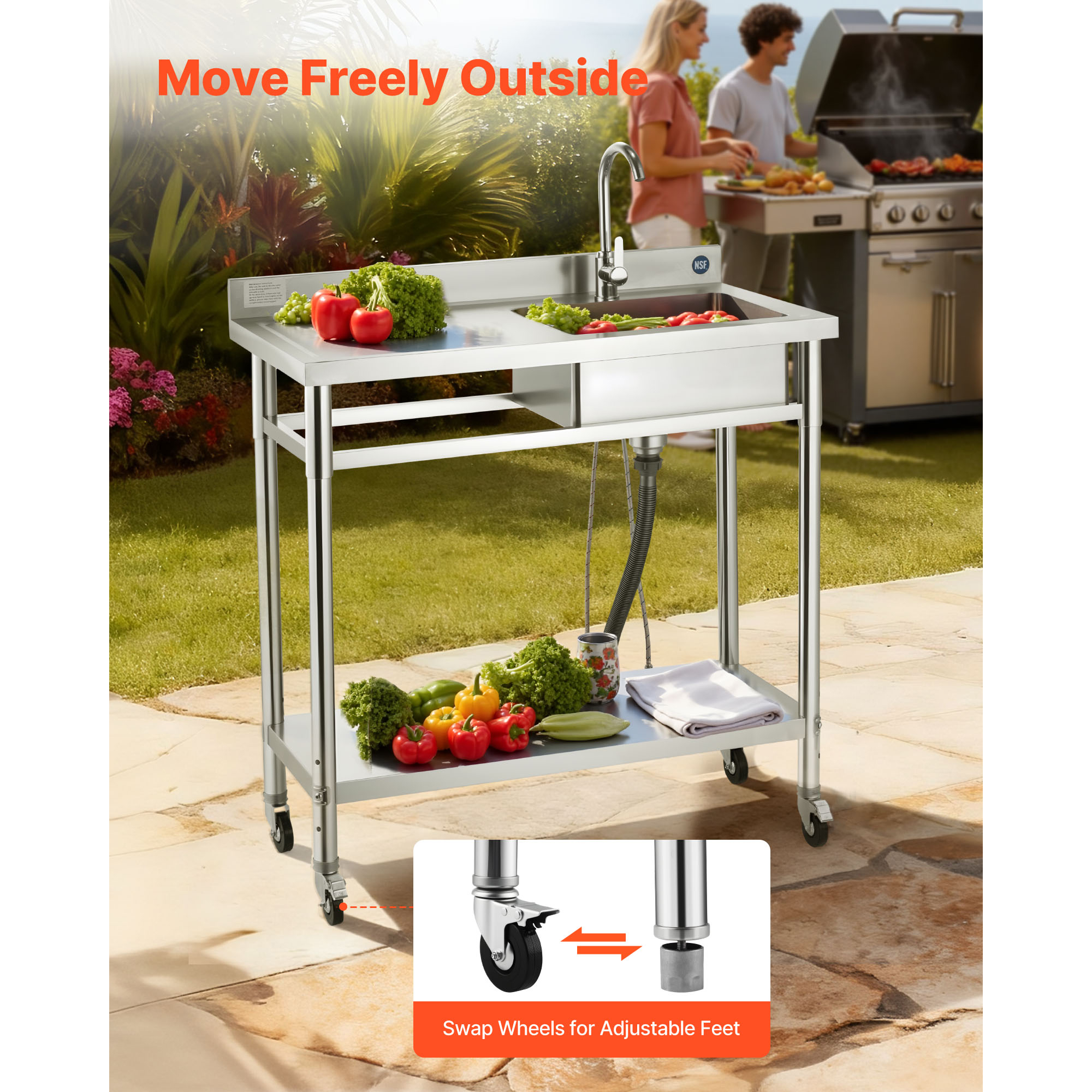 KFFKFF Utility Sink with Wheels Single Bowl Commercial Kitchen Sink Faucet Hot Cold Water SUS201 Stainless Steel Brushed Finish Adjustable Shelf