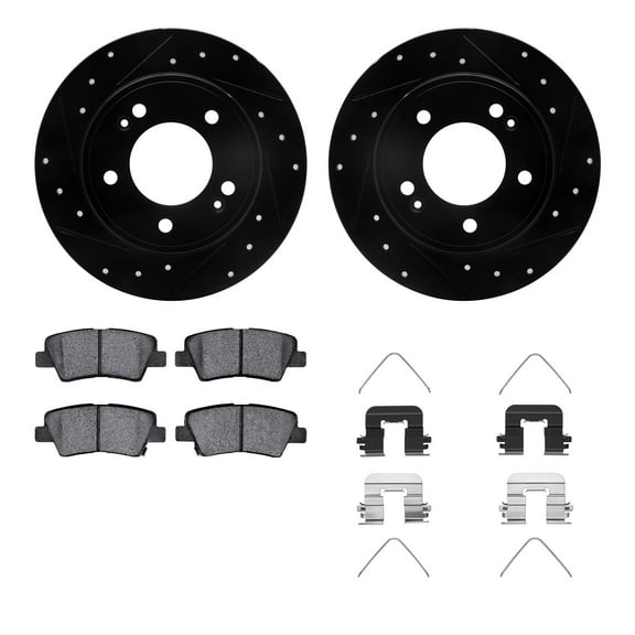 Dynamic Friction Company Rear Brake Rotors-Drilled and Slotted-Black with 5000 Advanced Brake Pads includes Hardware 8512-03072