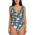 thumbnail image 2 of Yiaed Blue Flower Print Women's Ruffled One Piece Swimsuit V Neck Swimwear Slimming Monokini for Woman-Medium, 2 of 8