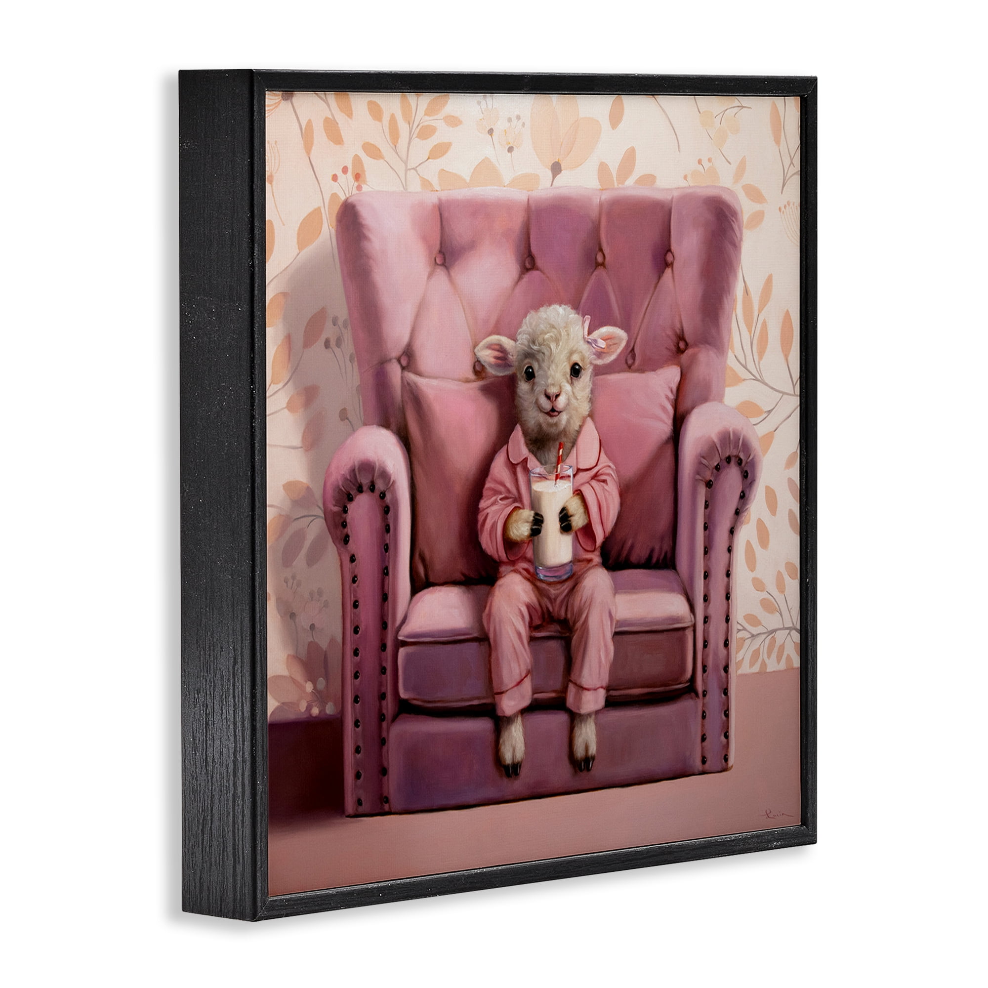 Stupell Industries Baby Cow in Pink Chair Animals & Insects Painting Black Framed Art Print Wall Art, 24 x 24