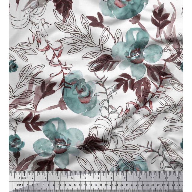Soimoi Poly Georgette Fabric Flower & Leaves Watercolor Print Fabric by Yard 52 Inch Wide