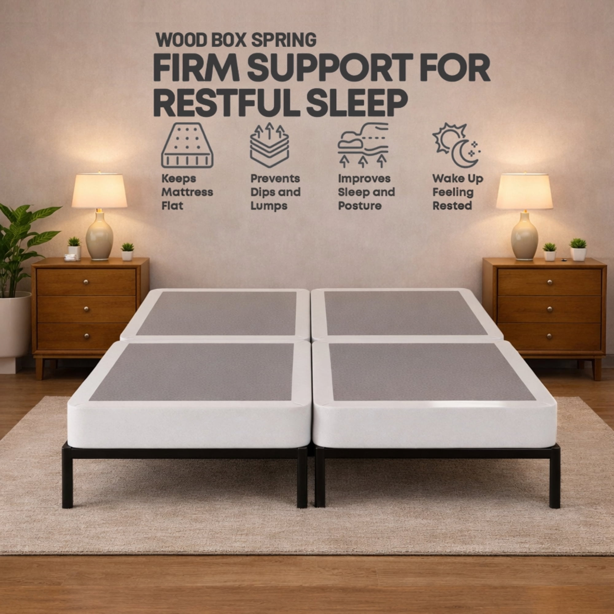 Continental Sleep, Box Spring Bed Base King(Fold) Size, 4-Inch Wood Mattress Foundation, Quiet Noise Free, 4-Pieces Under Mattress Support BoxSpring, Fully Assembled, White