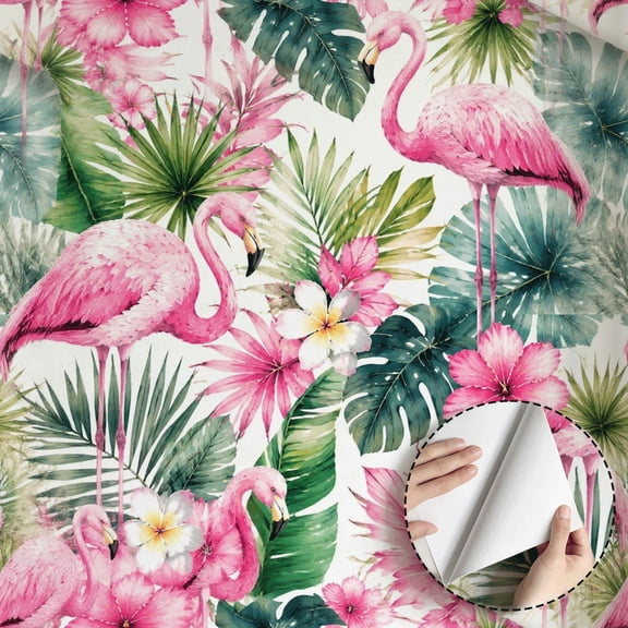 Pink Flamingo Tropical Leaf Wallpaper Boho Modern Peel and Stick Wallpaper Waterproof Wall Decoration for Living Room Bedroom Bathroom Kitchen Cabinet 17.7 * 78.5 in Contact Paper Home Decor