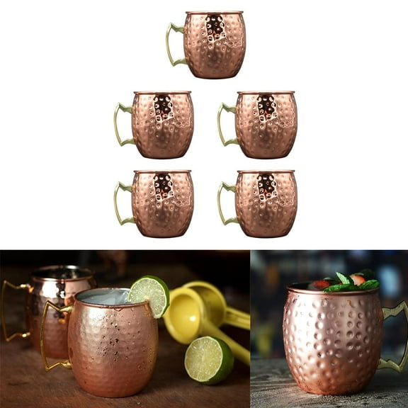 Mugs (Set of 5) - Solid 8oz Copper Cups with Handle for Drinking Icy Cold Cocktails, Coffee, Milk Tea, Beverage - 530ml
