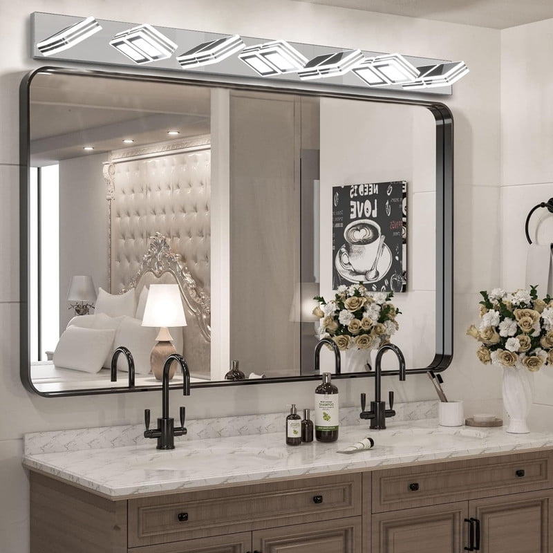 45" Modern Chrome 7-Light LED Vanity Light with Square Acrylic Shades, Hardwired Wall Mount Bathroom Lighting Fixture for Mirror, Powder Room, or Bedroom Décor