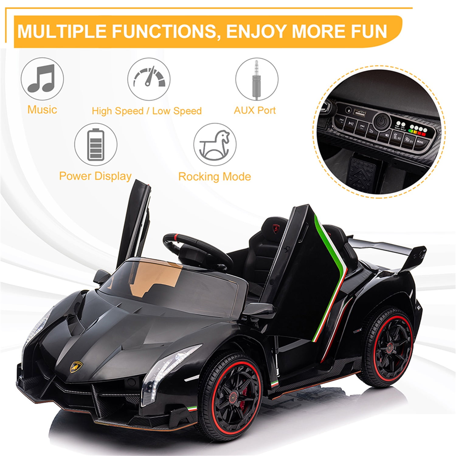 Kadyn Kids Electric Ride On, Lamborghini Poison Small Dual Drive 12V 4.5AH with 2.4G Remote Control Sports Car Electric Car, Black Kadyn Kids Electric Ride On, Lamborghini Poison Small Dual Drive 12V 4.5AH with 2.4G Remote Control Sports Car Electric Car, Black