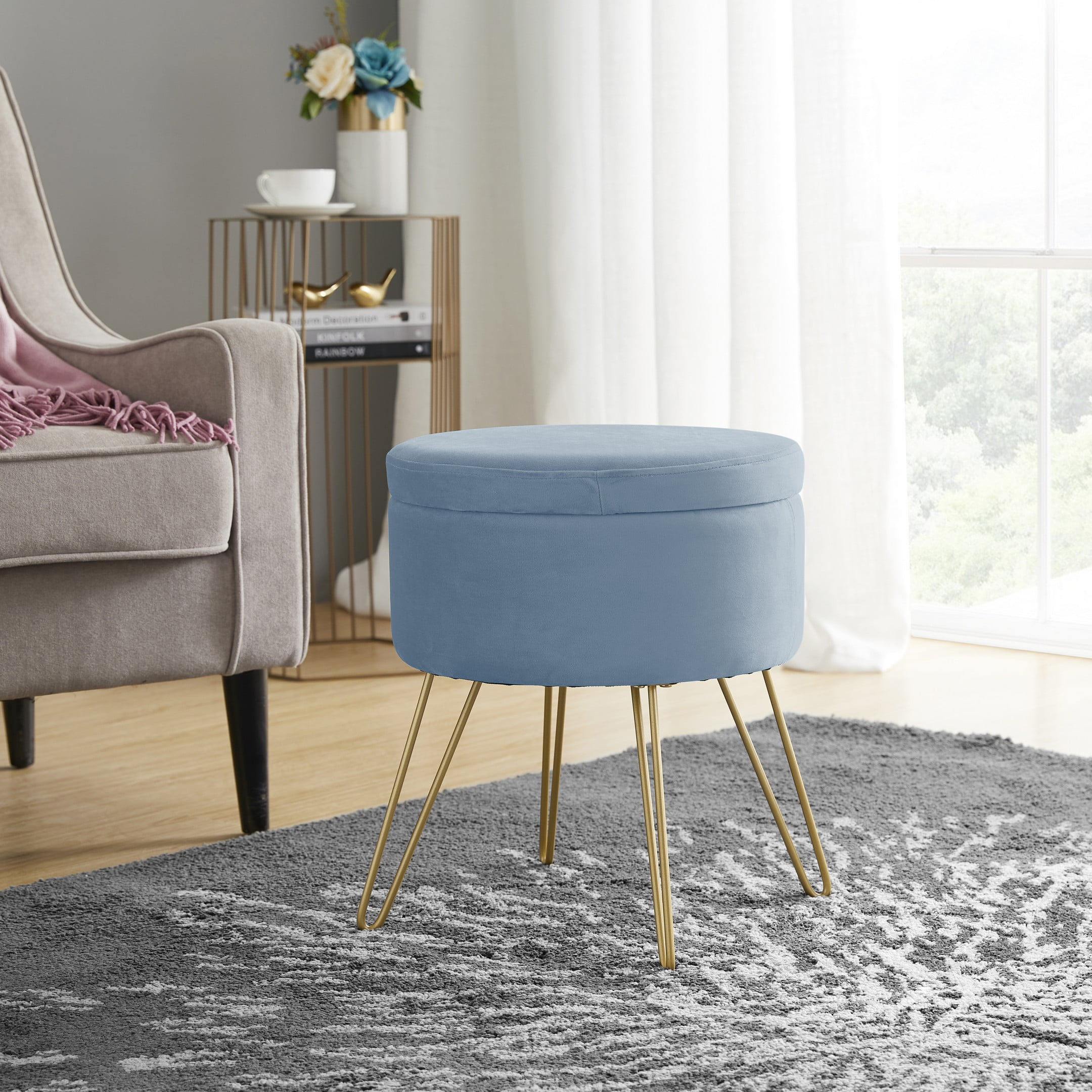 Silver Grey, Large Velvet Upholstered Footrest Stool Ottoman with Gold Metal Round Base Apply Living Room Bedroom Home Office Round Storage Ottoman