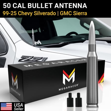 Mega Racer Silver Gray 50 Cal Bullet Antenna for 1999-2026 Chevy Silverado & GMC Sierra – Short Truck Antenna Replacement