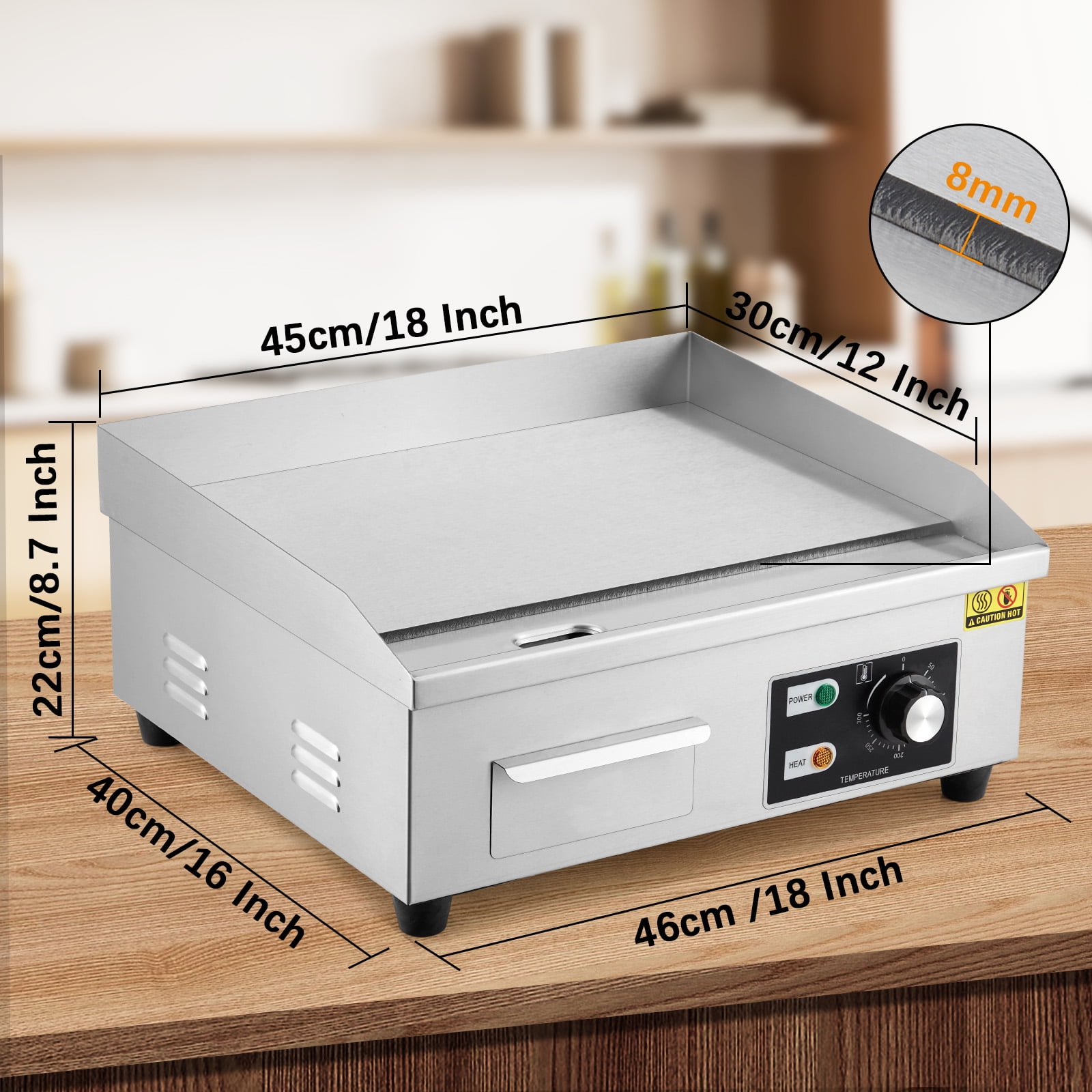 18" Commercial Electric Griddle, 1600W Stainless Steel Flat Top Teppanyaki Grill, Non-Stick, 122-572°F Adjustable Temp, Countertop BBQ, Includes 2 Shovels & 2 Brushes, for Kitchen & Restaurant