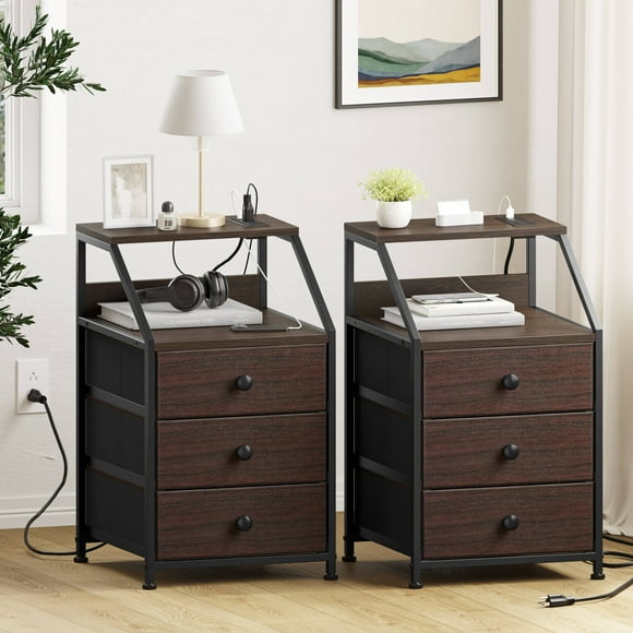 GUNAITO Nightstand with Charging Station & USB Ports End Table Set of 2 Modern End Table for Bedroom Living Room Rustic Brown