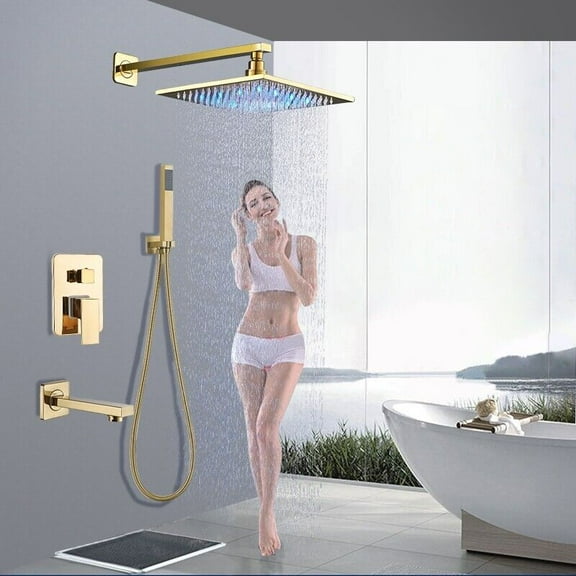 Gold Shower Faucet Set 3 Ways System Led 12 in Rainfall Head Combo Mixer Valve