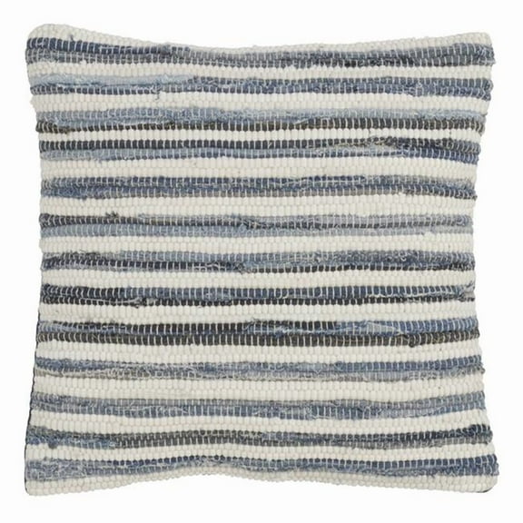 SARO 18 in. Genes Square Striped Denim Chindi Down Filled Throw Pillow - Denim