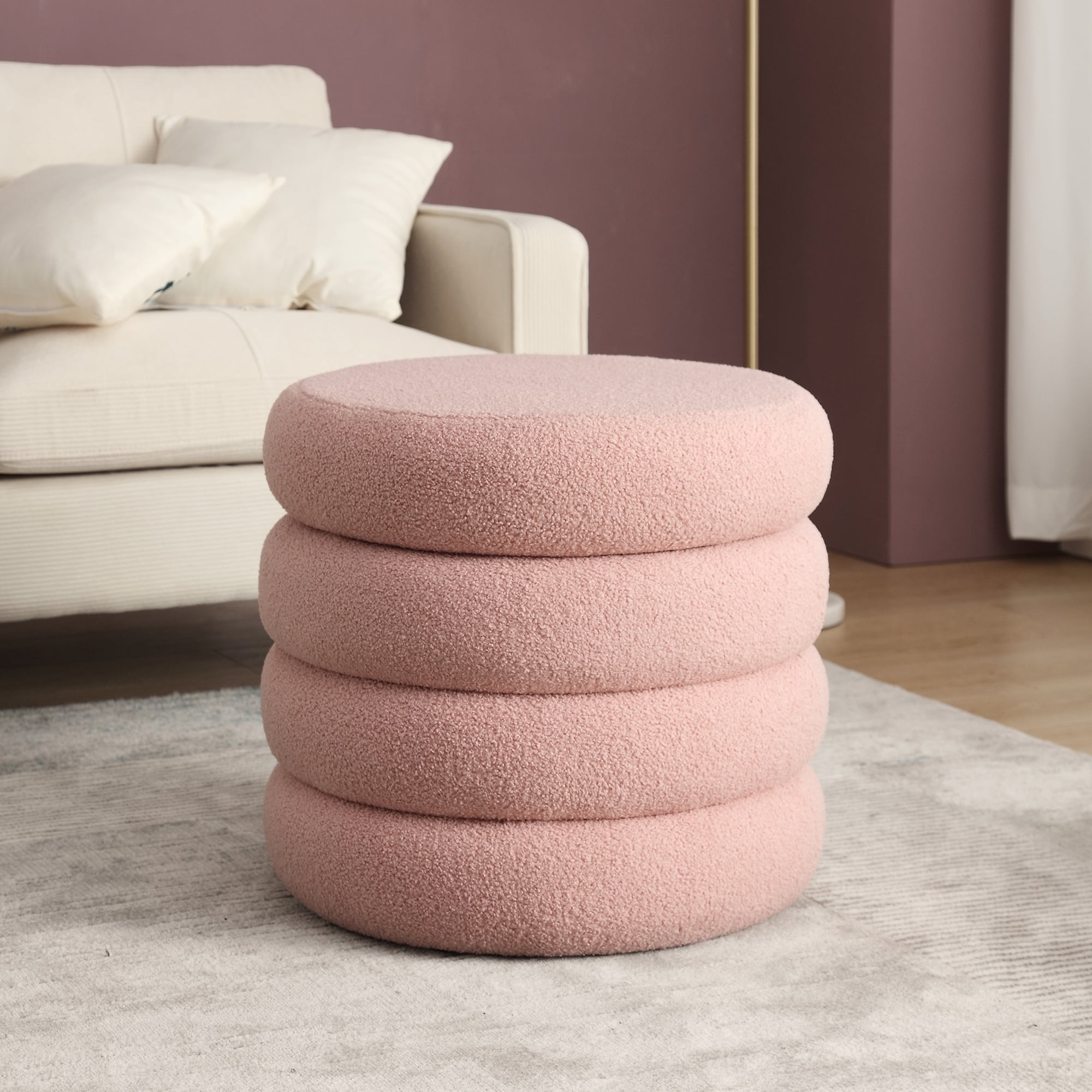 Zesthouse 20.1" Wide Round Boucle Storage Ottoman, Tufted Sherpa Ottoman Footstool for Living Room Bedroom, Pink