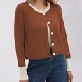 thumbnail image 2 of VISALY Cropped Cardigan Crewneck Cardigan Womens Cropped Cardigan Sweaters Button Down Open Front Long Sleeve Fall Trendy Color Block Knit Coats Office Cardigans Winter Cardigan Coffee Xl, 2 of 6