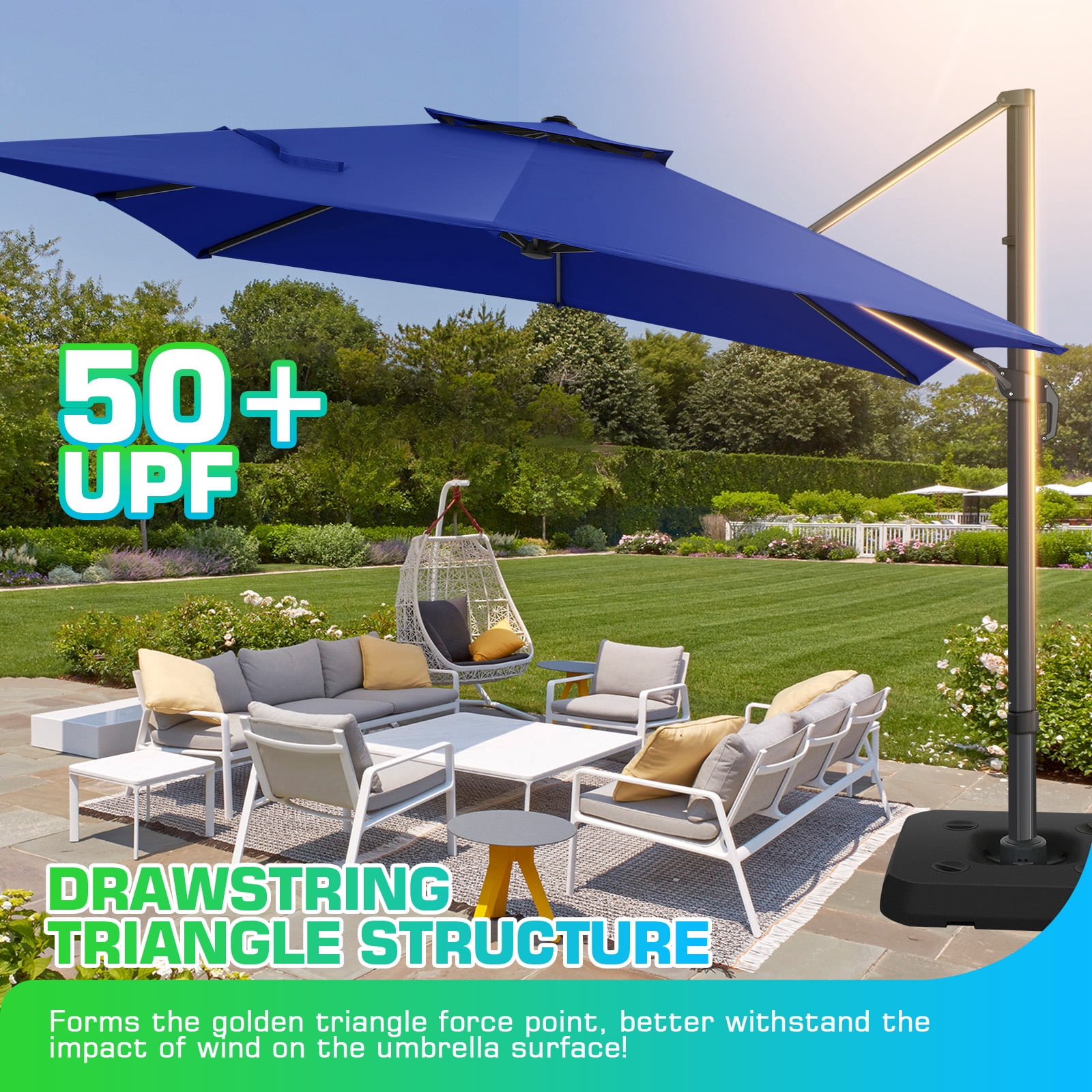 SANOPY 10'x10' Cantilever Umbrella Double Vented Umbrella with Steel Base Outdoor Offset Hanging Market Patio Umbrella Offset Cantilever Patio Umbrella for Patio Pool Deck, Dark Blue