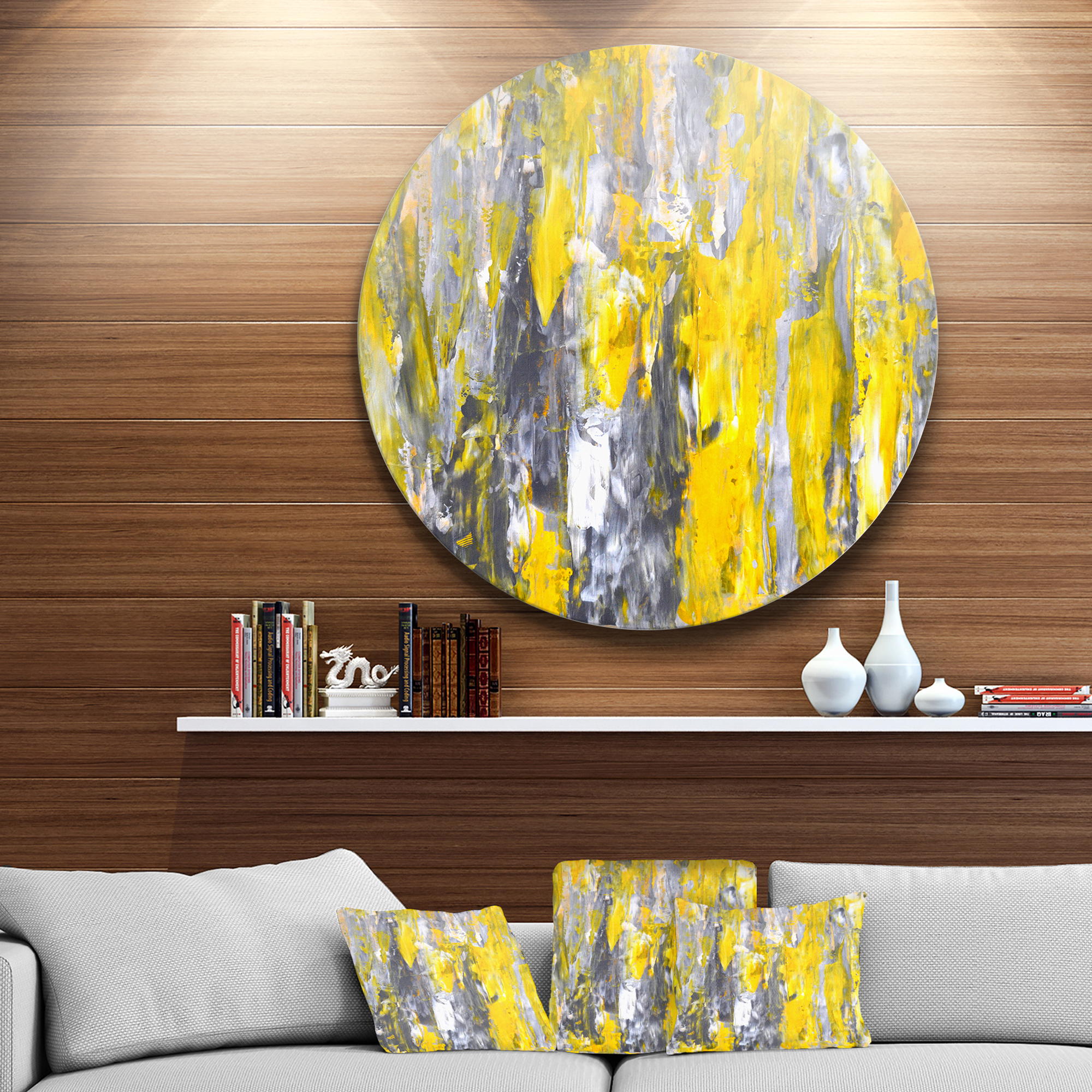 Designart Grey and Yellow Abstract Pattern' Abstract Circle Metal Wall Art