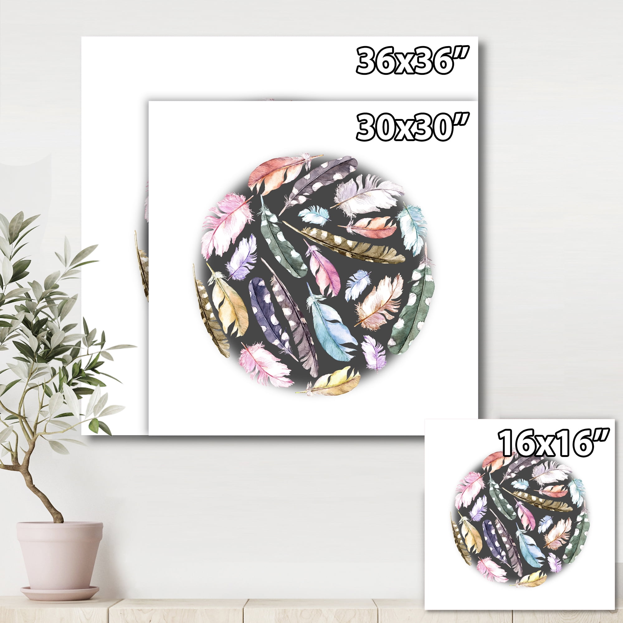 Designart ' Colorful Boho Feathers In Circle Shape ' Bohemian & Eclectic Canvas Wall Art Print