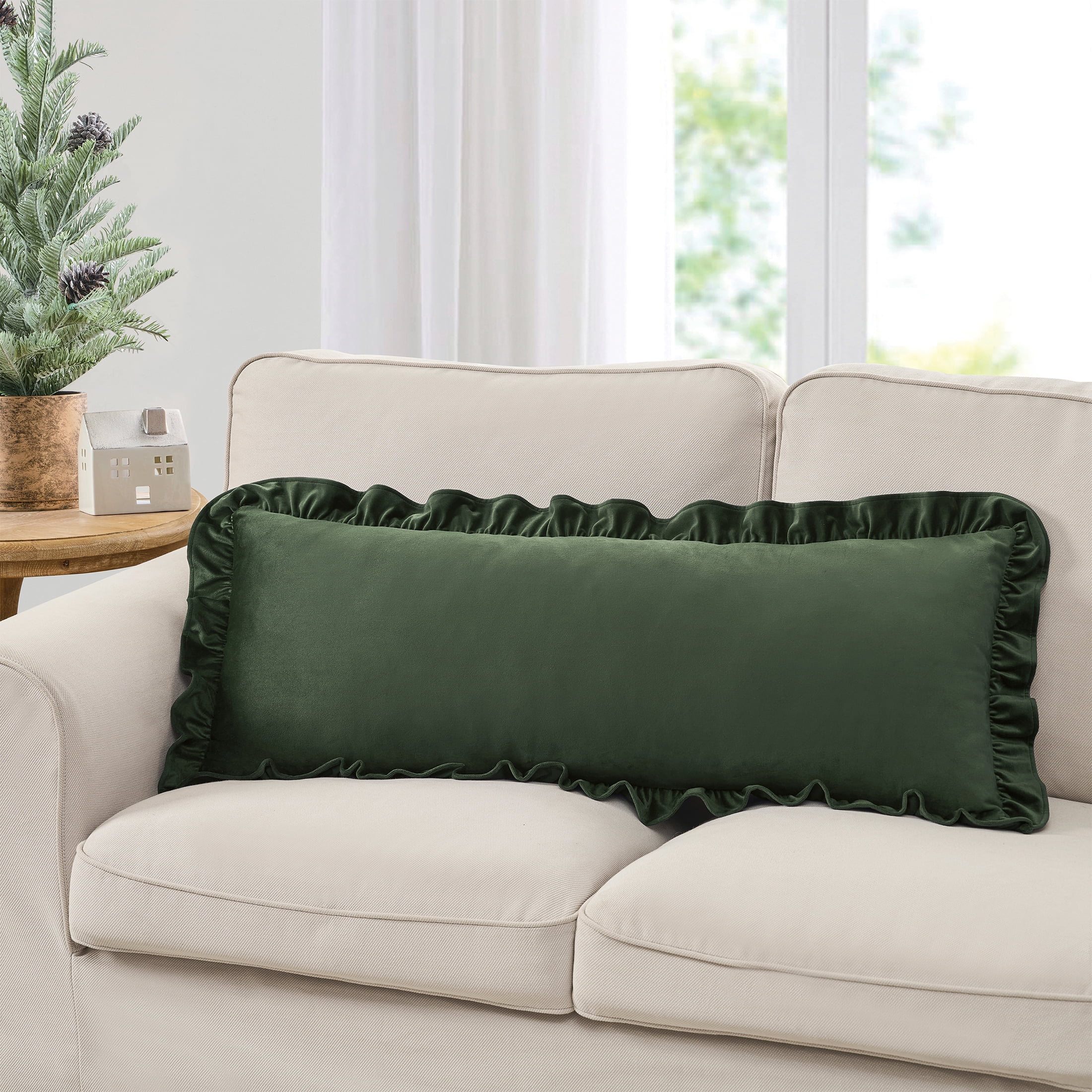 My Texas House 14" x 36" Green Ruffle Oblong Decorative Pillow