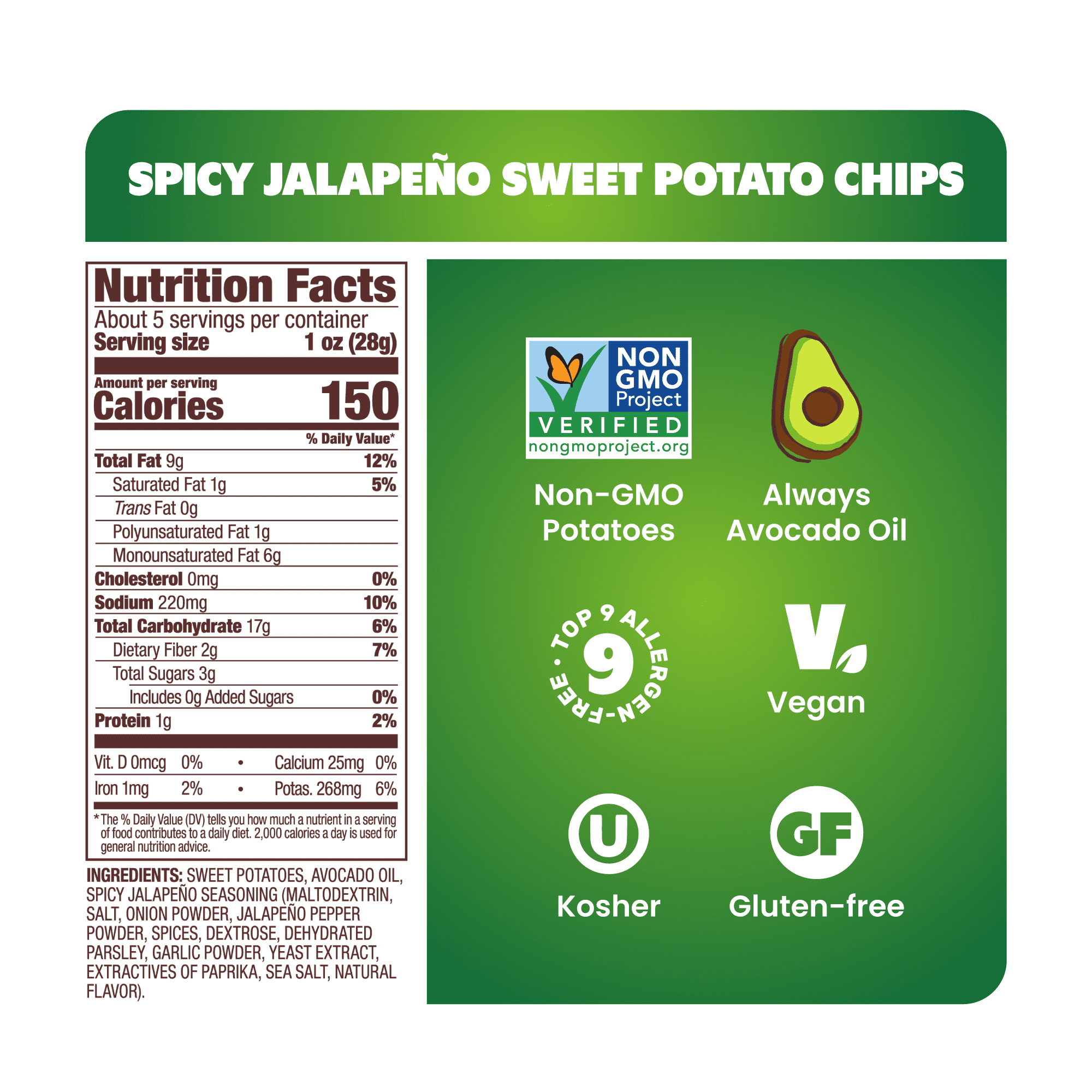 Jackson's Sweet Potato Spicy Jalapeno Chips, Avocado Oil, Free of Top 9 Allergens, Vegan, 5 oz
