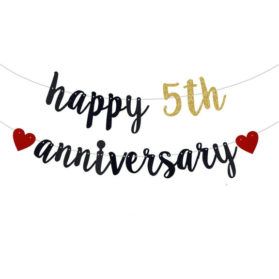 Happy 5th Anniversary Banner, 5th Wedding Anniversary & Birthday Party Bunting Decoration (Black & Gold, 118 inches x 18 inches, Pre-Strung)