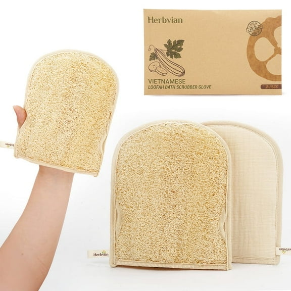 Premium Vietnamese Natural Loofah Gloves – Exfoliating Body Scrubber Sponge with Thumb Holes, Easy Grip Design, for Men & Women, Shower & Bath (Pack of 2)