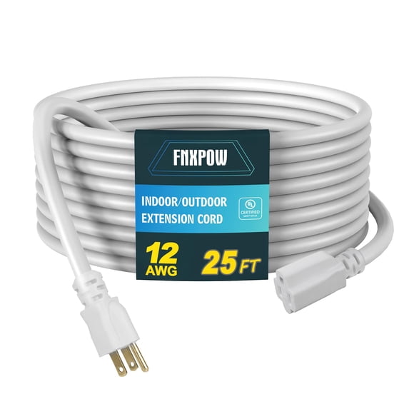 Cable de extensión FNXPOW, calibre 12, 3 puntas, 15 A, 25 pies, blanco
