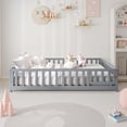 thumbnail image 3 of Leumius Full Size Floor Platform Bed Frame with Fence and Door for Kids, Montessori Floor Bed Frame with Support Slats for Toddlers Grey, 3 of 9