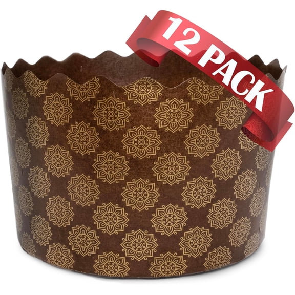 15 oz Panettone Paper Mold Standard | 12 Pack | Round Non Stick Panettone Paper Baking Molds Kulich Paa Pascha Brown Design