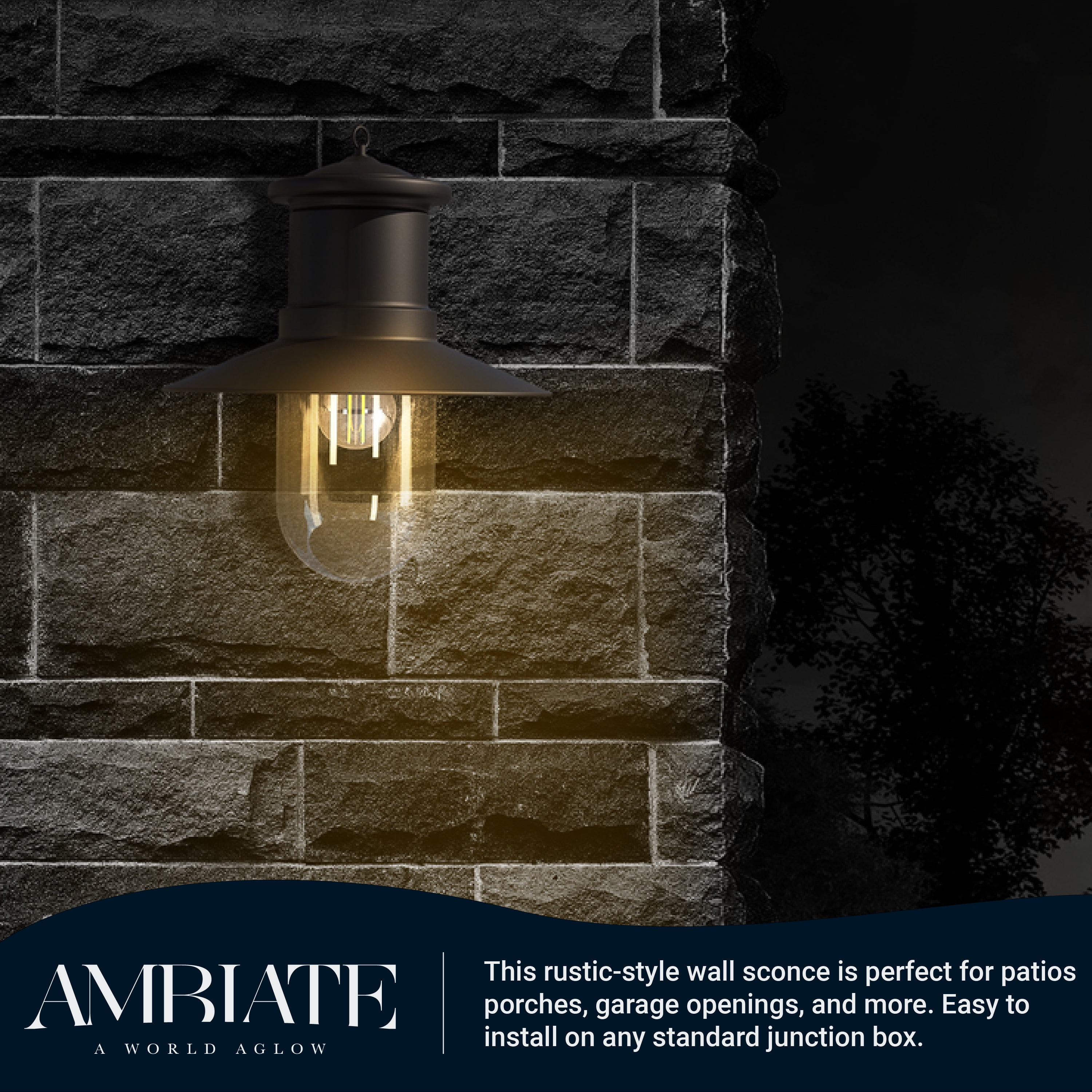 Ambiate Bolta Rustic Farmhouse Style Wall Sconce, Outdoor Use, Medium Base (E26) Socket, Black Finish, Clear Glass Shade, For Porches, Patios, Garage Openings, Commercial or Residential, ETL Listed