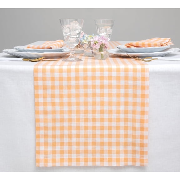Linen Gingham Check Table Runner 60 Inches - 100% Pure Linen Sunny Orange Checkered Table Runner 14 x 60 Inch Ideal for Dresser and Coffee Tables