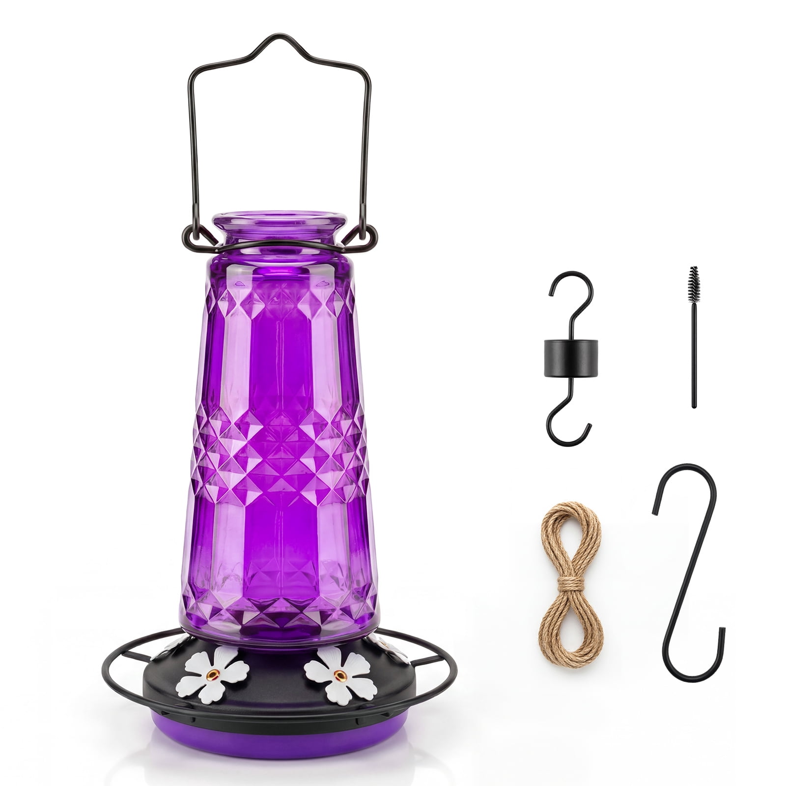 Kingsyard 18.6 oz Purple Glass Hummingbird Feeder, 5 White Ports, Ant Moat Included