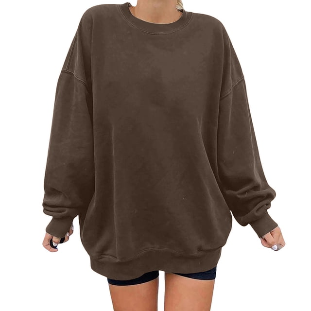 Bmisegm Chandail pour Femmes, Chandails à Capuchon, Couleur Unie, Col Rond, Manches Longues, Haut à Enfiler, Tendance, Décontracté, Surdimensionné, Ample, Chemisiers pour Dames, Chandail pour Femmes, Café L