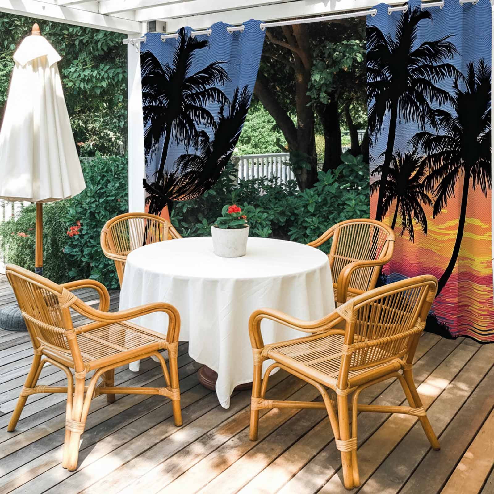 Palm Trees Island Outdoor Curtains for Patio, Summer Tropical Plants Silhouettes Sunset Sunshade Privacy Drapes Grommet Waterproof Outside Curtains for Porch/Cabana/Balcony 54"x 108", 1 Panel