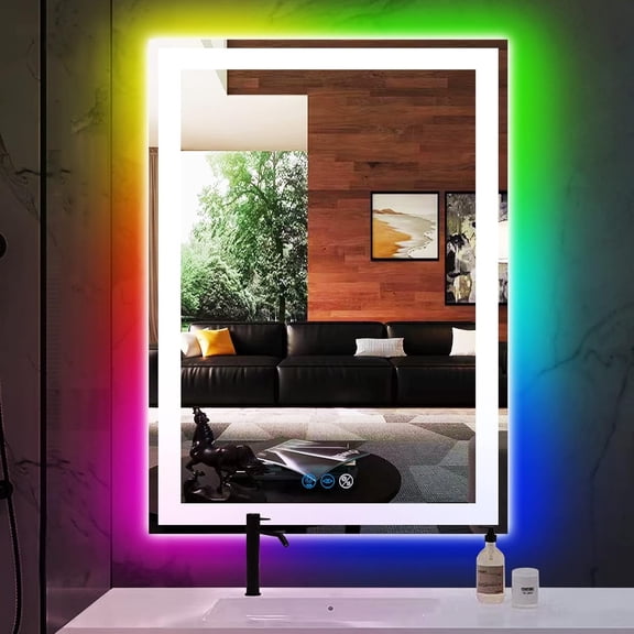 20 x 30 Inch Rectangle Bathroom Vanity Mirror with Front Lights 3 Color Rainbow Color Changing Light RGB Backlit Lighted Mirror for Bathroom Wall 30" Colorful Smart Light up LED Mirrors