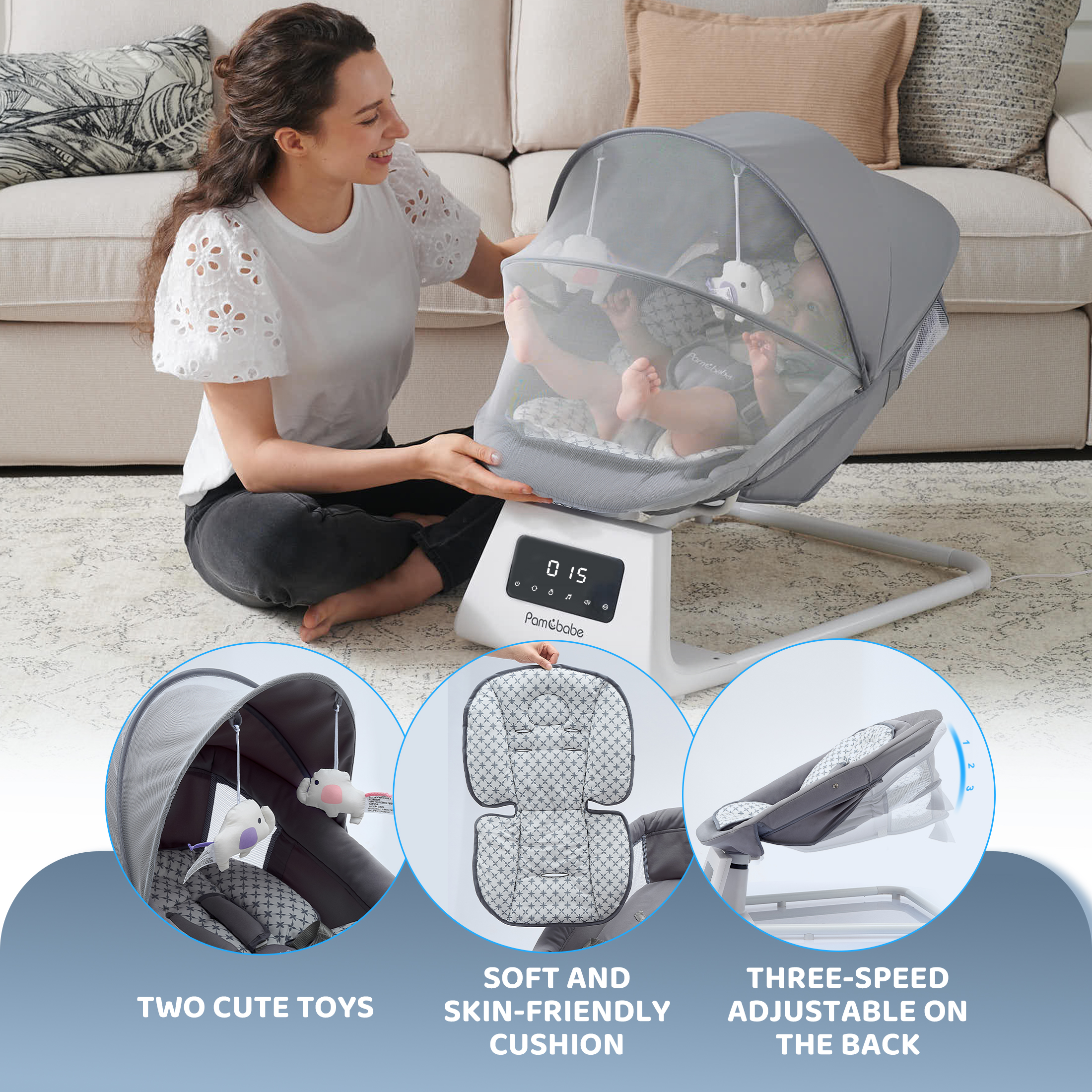 Pamo Babe Baby Swing With Bluetooth Music, Grey photo 4