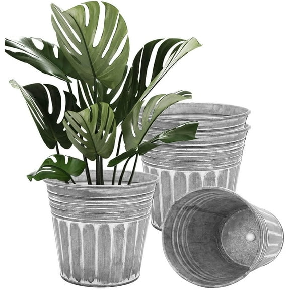 9 Inches Silver Metal Rustic Plant Pots - 4 Pcs Large Galvanized Planters with Drain Hole and Rubber Plug, Rustproof Tin Bucket Flowerpot for Indoor Plants Farmhouse Vintage Style for Decor