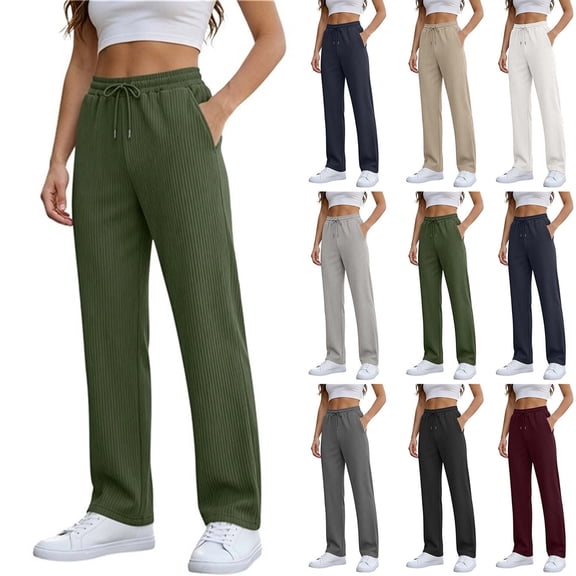 Fall Pants for Women Solid Color Chunky Ribbed Elastic Waist with Pocket Sports Trousers Soft Skin-Friendly Everyday Wear