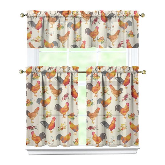 Kitchen Curtains 36 Inch Short - 3 Panel Set with Cute Farmhouse Egg & Chicken Print, Rod Pocket Window Curtain, 100% Polyester for Rustic Coop, Farm Kitchen, Easy Wash