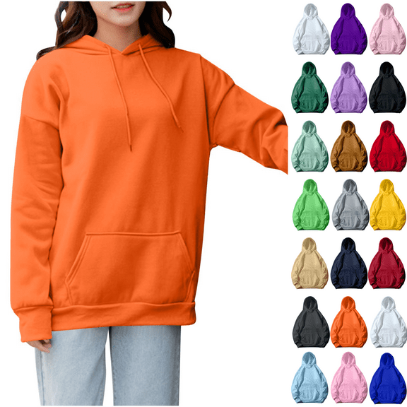 Womens Hoodies Comfy Pullover Long Sleeved Solid Color Sweatshirt Casual Tops Orange S