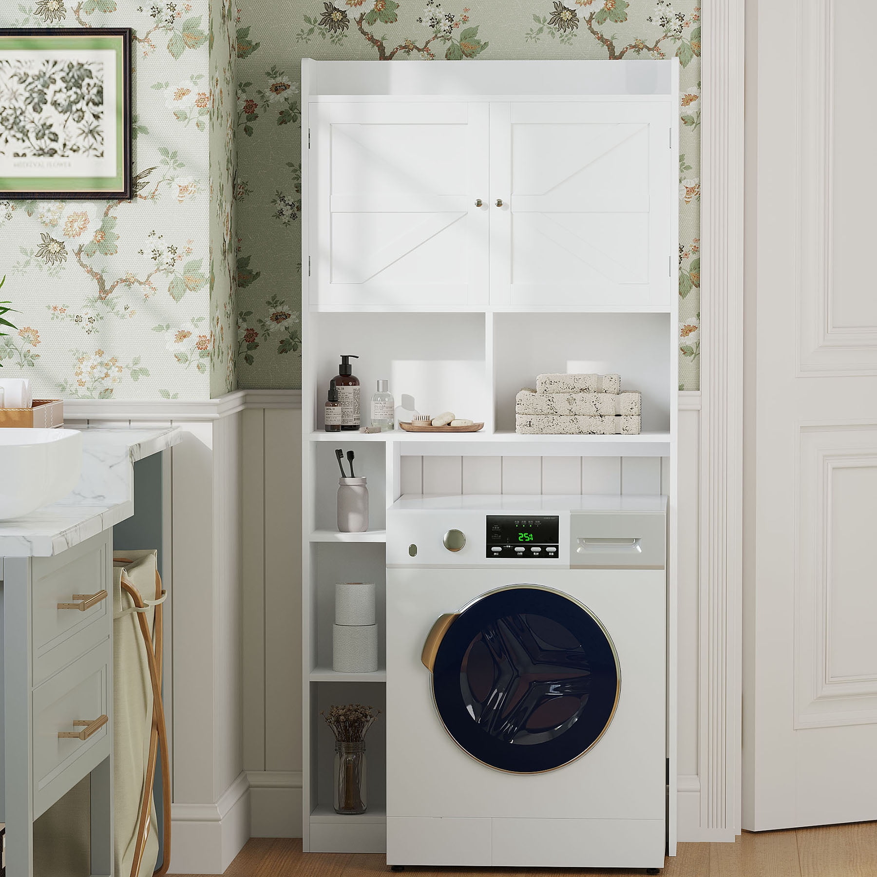 S-HOME White Bathroom Space Saver Cabinet With Double Doors, Open Shelves And Adjustable Shelf For Organized Toiletries