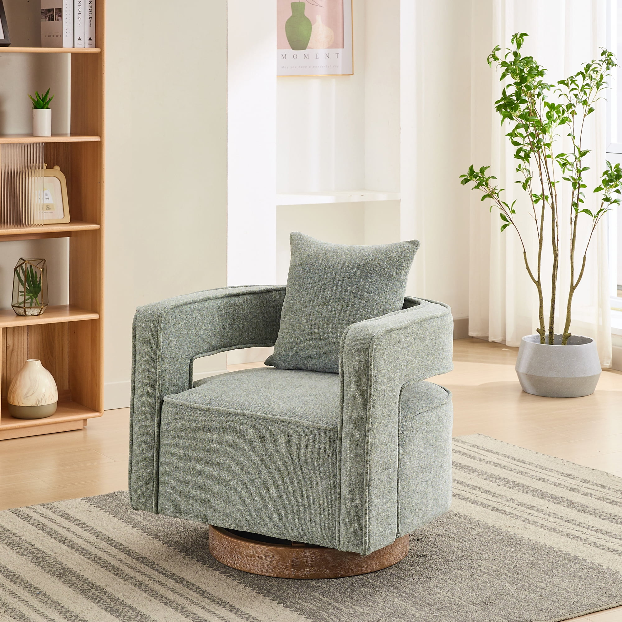 Leumius Swivel Accent Chair with Open Back,Modern Single Sofa Chair With Weathered Base for Nursery Bedroom Living Room Hotel Office, Club Chair Leisure Arm Chair for Lounge,Green Polyester