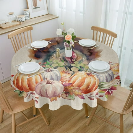 

Round Tablecloth Thanksgiving Pumpkin Turkeys for Dining Table Waterproof Table Cover for Kitchen Living Room
