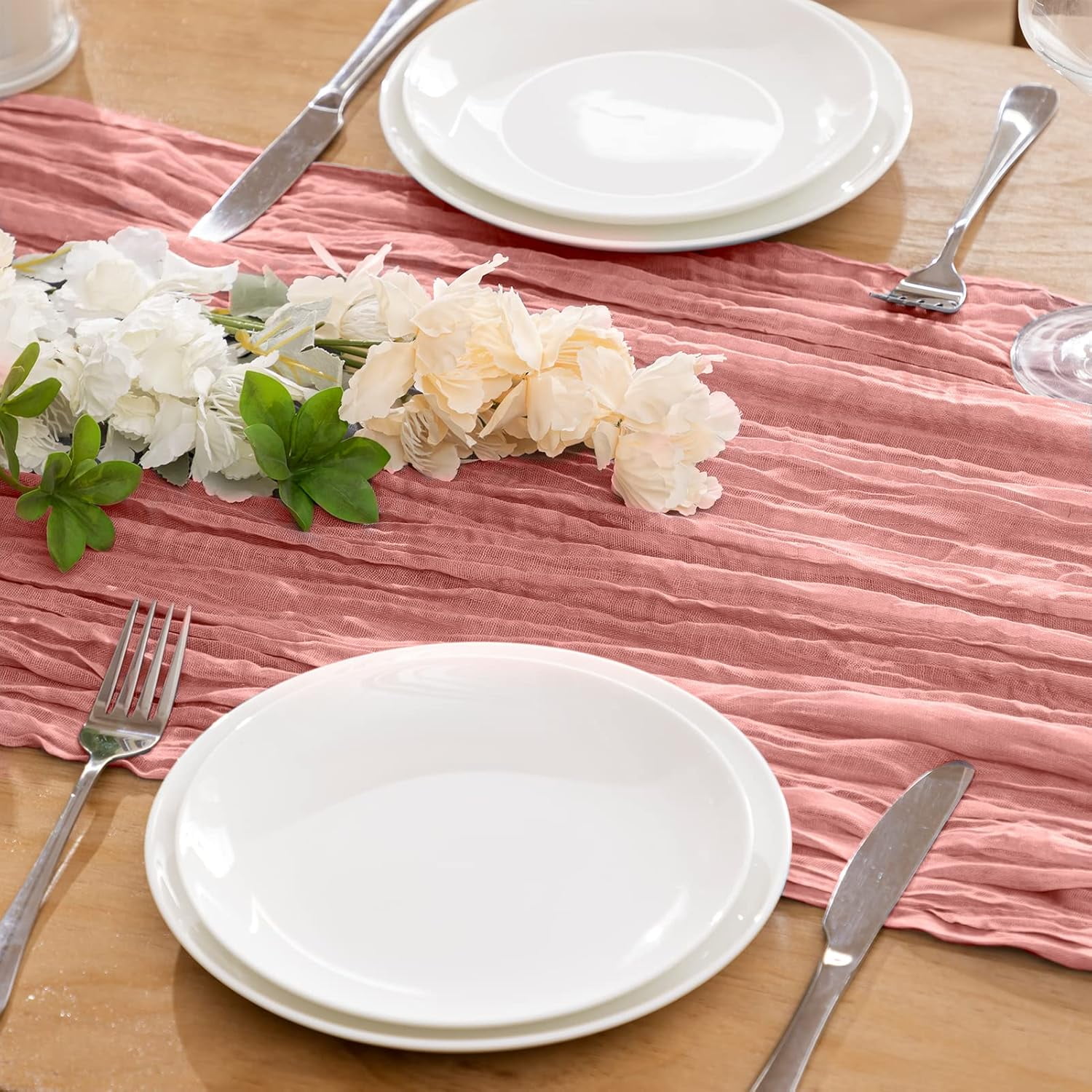 HBlife 10 Pack Dusty Blush Cheesecloth Table Runner, 35 x 120 Inch Boho Gauze Table Runner Rustic Romantic Long Table Runner for Wedding Party Bridal Birthday Baby Shower Table Decorations